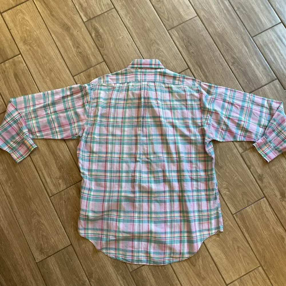 Vintage RALPH LAUREN Oxford 100% Cotton Plaid Long Sleeve Short Size Large
